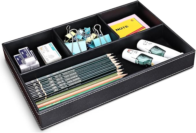 KINGFOM Pu Leather Desk Organizer Tray, 4 Compartment Office Storage Supplies Stationery Drawer Tray, Nightstand Bedside Tray for Key, Wallet, Sunglass, Watch, Coin, Phone Valet Tray Stackable Black-DeskLoop Office