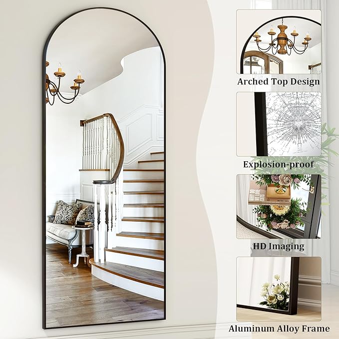 HARRITPURE Arch Floor & Full Length Mirrors - 68" x 24" Body Length Mirror Big Mirror for Bedroom Standing/Hanging/Leaning Wall-Mounted Black-DeskLoop Office