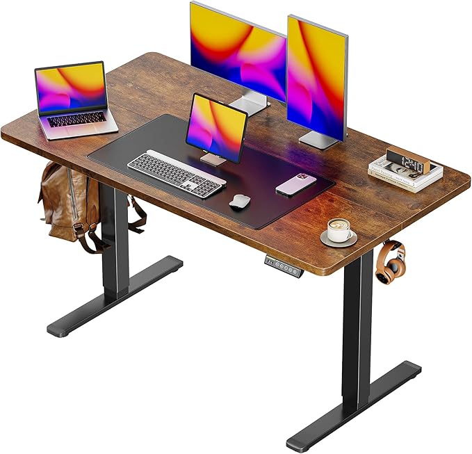 Huuger 48 x 28 Large Electric Standing Desk, Height Adjustable Desk, 27.6" Deep Desktop, Stand up Gaming, 2 Hooks, 3 Preset Heights, for Home Office, Rustic Brown-DeskLoop Office