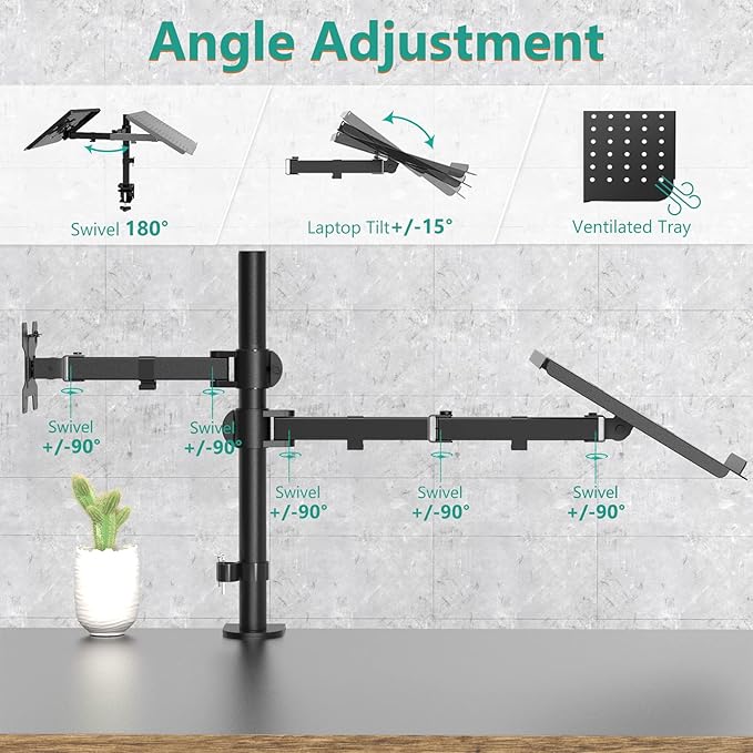 WALI Laptop and Monitor Stand, Fully Adjustable Monitor Mount and Laptop Tray for 1 Notebook up to 17 inch and 1 Screen up to 27 inch, 22 lbs, Weight Capacity (M001LP), Black-DeskLoop Office