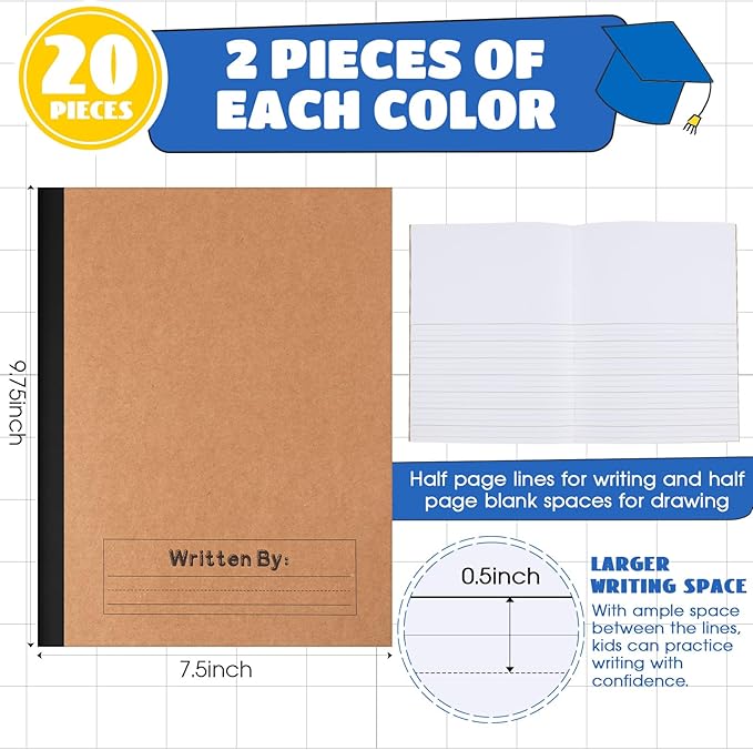 Henoyso 20 Pcs Primary Composition Notebook 9 3/4 x 7 1/2 Inch Kids Journal, Back to School Supplies, K-2 Primary Writing Notebook for Kids Student Draw and Write Story Journal (Black Color)-DeskLoop Office