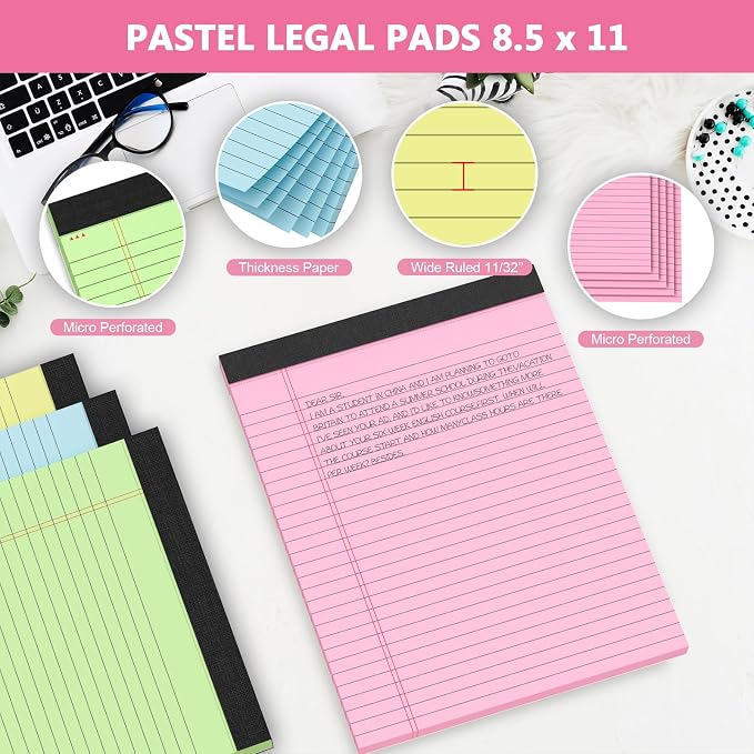 Colored Legal Pads 8.5 x 11 Note Pad, 6 Pack Lined Paper Wide Ruled Notebook - Image 3