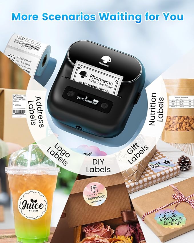 Phomemo Label Maker, M220 Thermal Label Printer, 80mm Portable Bluetooth Barcode Printer Compatible with Andriod/iOS for Home, Office, Small Business, with 3 Packs Label & Case-DeskLoop Office