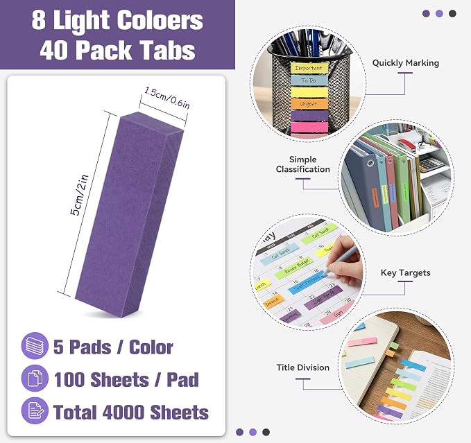 0.6 x 2in Sticky Notes Small, 4000 Sheets Index Tabs, 40 Pack Page Markers - Image 2