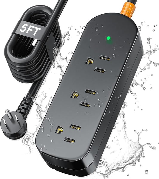 Surge Protector Power Strip,1625W/13A,5Ft Extension Cord with 3 Outlets,Waterproof Class 6 Heavy Duty Extension Cord for Indoor Outdoor,UL FCC IPX6 Listed (Black, 5FT)-DeskLoop Office