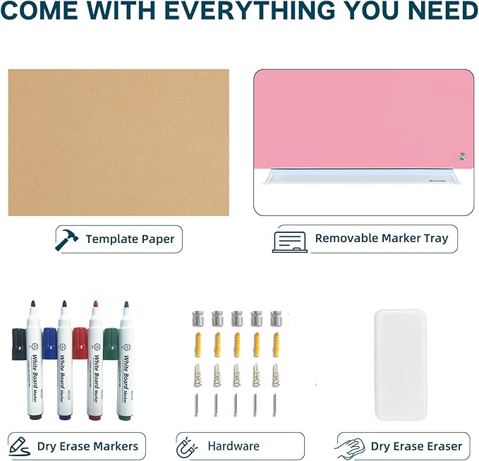 J&J worldwide Magnetic Glass Whiteboard, Wall Mounted Glass Dry Erase Board 47 x 35 Inch, Pink Surface, Frameless with Markers, Magnets, Marker Tray, Eraser for Office, Home, School-DeskLoop Office