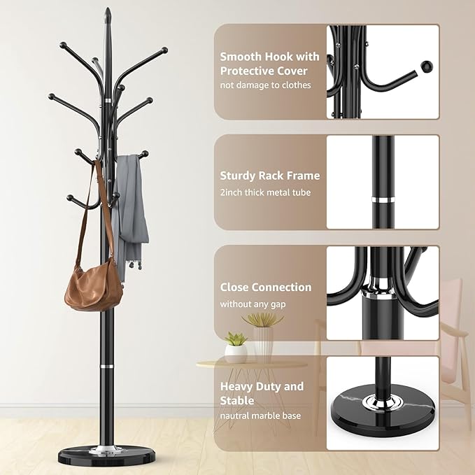 Heavy Duty Coat Rack with Marble Base, Freestanding Hall Coat Tree with 12 Hooks and 3 Adjustable Sizes, Metal Coat Rack Stand for Entryway, Bedroom, Office Hanging Purses, Coats, Scarves, Hats-DeskLoop Office