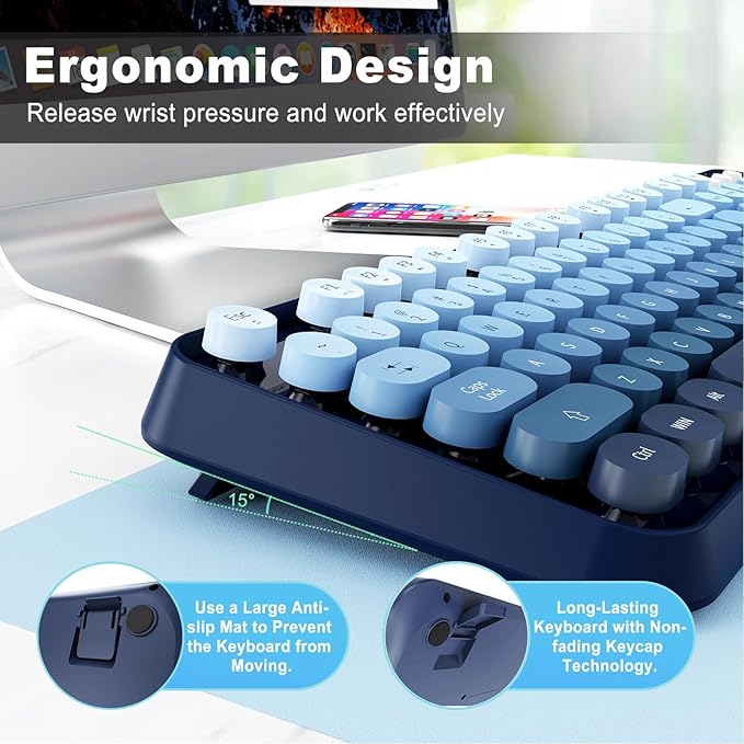 FOPETT Wireless Keyboard and Mouse Combo - 2.4G Full-Sized Cute Colorful Mouse and Keyboard with 104 Round Keys Retro Typewriter Keyboard for Laptop/Windows/PC - Blue Gradient-DeskLoop Office