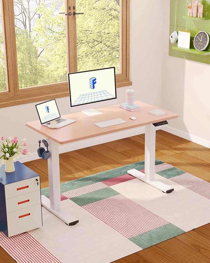FLEXISPOT EN1 One-Piece Standing Desk, 48 x 24 Inches Electric Height Adjustable Desk for Home Office (White Frame + Pink Desktop)-DeskLoop Office