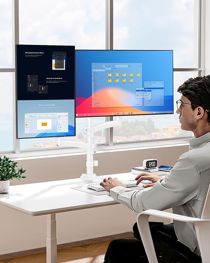 Dual Monitor Stand for Desk, Taller Monitor Arms for 2 Screens up to 32 inch, Ergonomic Adjustable Gas Spring Double Computer Monitor Mount, Holds 4.4-22lbs, VESA 75/100mm, White, Freelift-DeskLoop Office