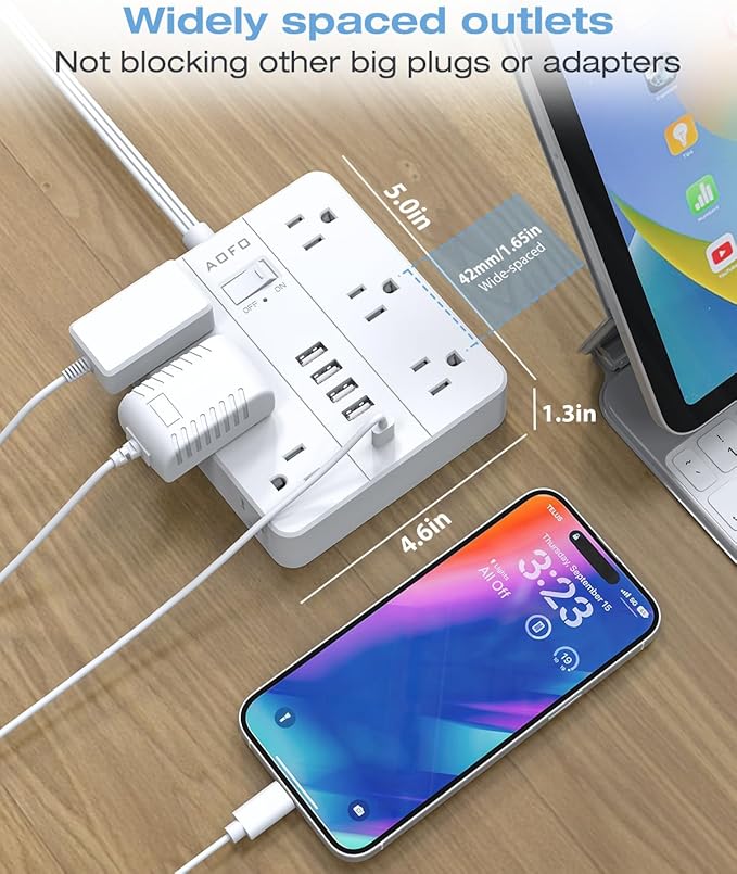 Flat Plug Power Strip, AOFO Surge Protector Flat Extension Cord with 12 AC Outlets and 6 USB(2 USB-C) Ports,Multiple Outlet Wall Plug 5FT Extension Cord for Home Office, Dorm Room Essentials-DeskLoop Office