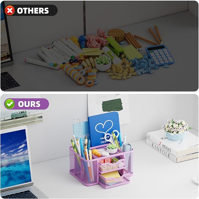 Marbrasse Mesh Desk Organizer, Pen Holder with 2 Drawer, Multi-Functional Pencil Holder, Desk Organizers and Accessories with 5 Compartments + Drawer for Office Art Supplies (Purple)-DeskLoop Office