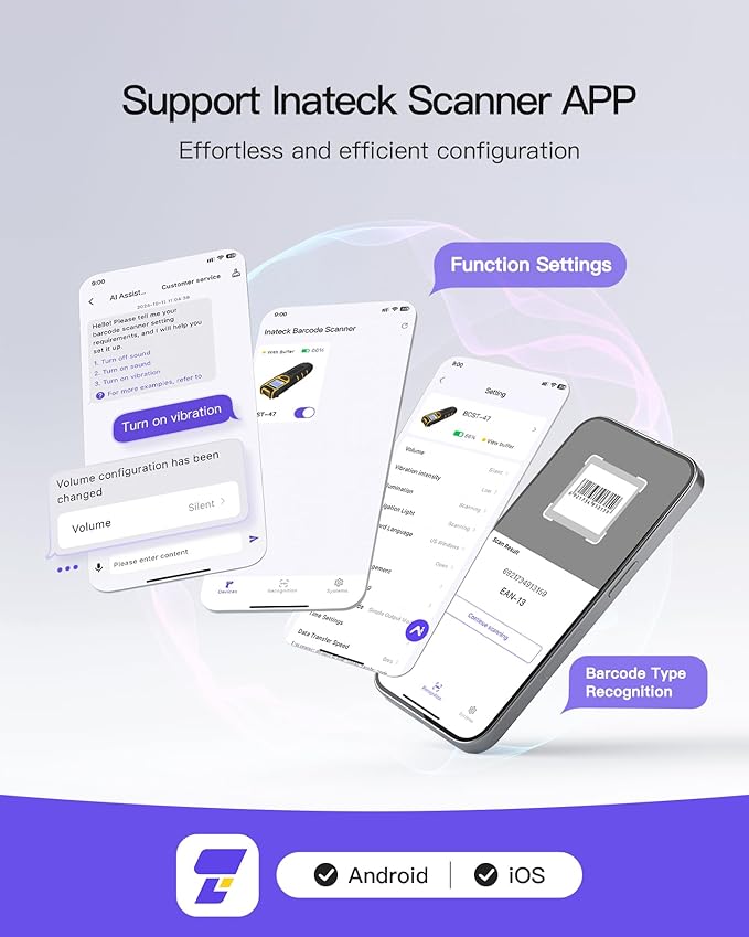 Inateck Barcode Scanner Wireless,Portable Bluetooth Barcode Scanner with Screen,1D 2D QR Code Scanner Kabellos 2.4GHz,Handscanner with APP and SDK, BCST-47-DeskLoop Office