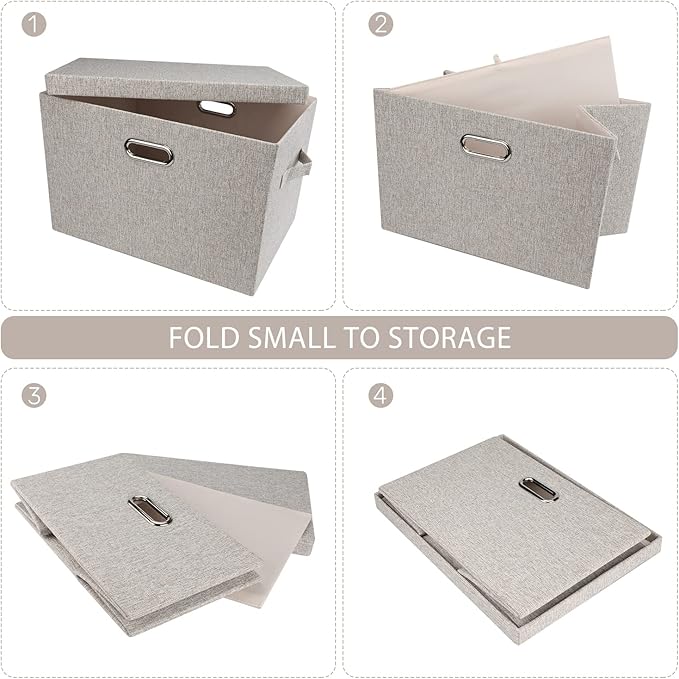 Large 17" 36 Quart Collapsible Stackable Storage Bins with Lids, 3 Packs Beige Linen Fabric Closet Boxes with Lids, Storage Cube Baskets Container Organizers for Bedroom Office(17 x12 x11)-DeskLoop Office