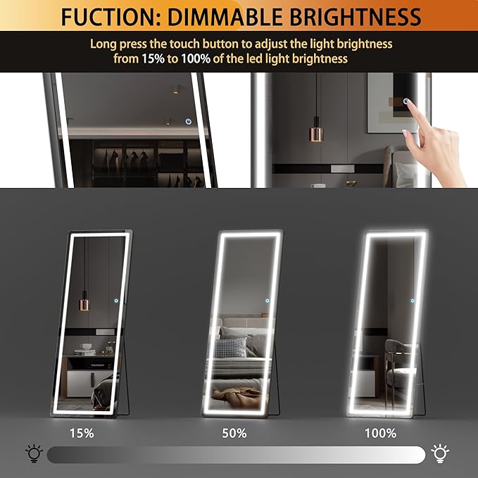 Hasipu Full Length Mirror with Lights, 61" x 22" LED Floor Mirror, Full Body Dressing Standing, Hanging Mounted Mirror for Living Room Bedroom Cloakroom, Round Black-DeskLoop Office