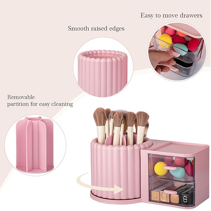 Anyoifax 360 Rotating Makeup Brush Holder 7 Slots Makeup Organizer with Drawer Removable Spinning Cosmetic Storage Pen Holder for Vanity, Dresser, Desk, Pink-DeskLoop Office