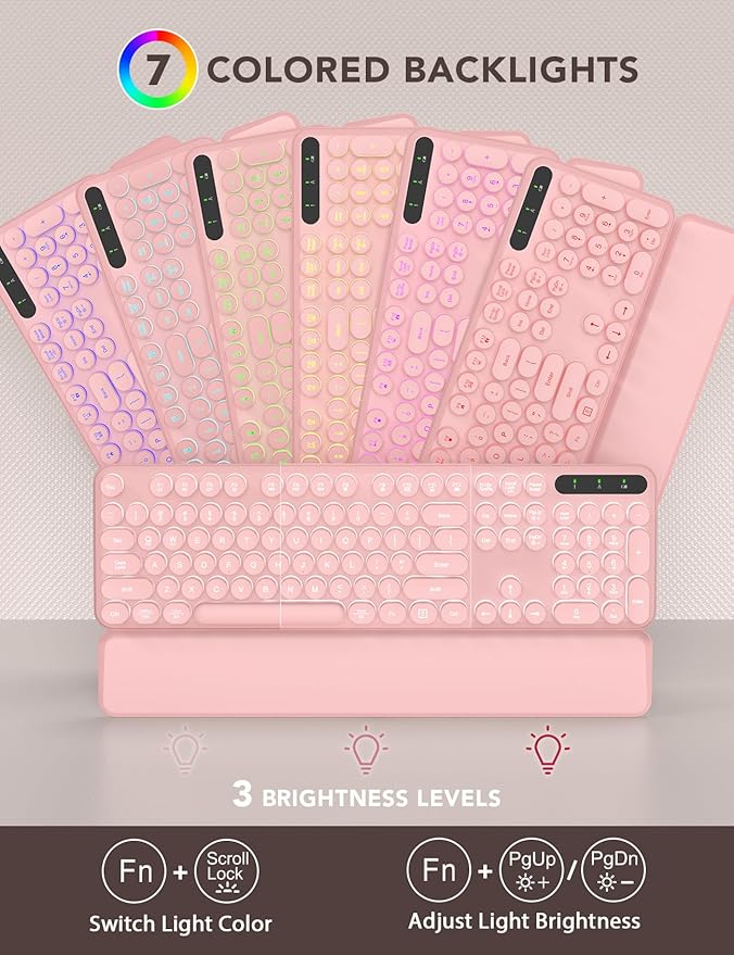 Wireless Keyboard and Mouse Backlit - Typewriter Keyboard with Retro Round Keycaps, Detachable Wrist Rest, Light Up Letters, 2.4G Rechargeable Combo for Mac, Windows, PC, Laptop, Trueque (Pink)-DeskLoop Office