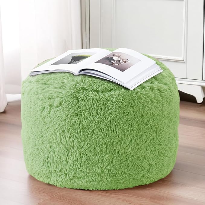 HIGOGOGO Round Stuffed Pouf Ottoman, Long Faux Fur Poufs with Foam Chunk Filling, Fluffy and Furry Pouf Foot Stool Storage Ottoman, 20 X 15 Floor Poufs Foot Rest for Living Room, Green-DeskLoop Office
