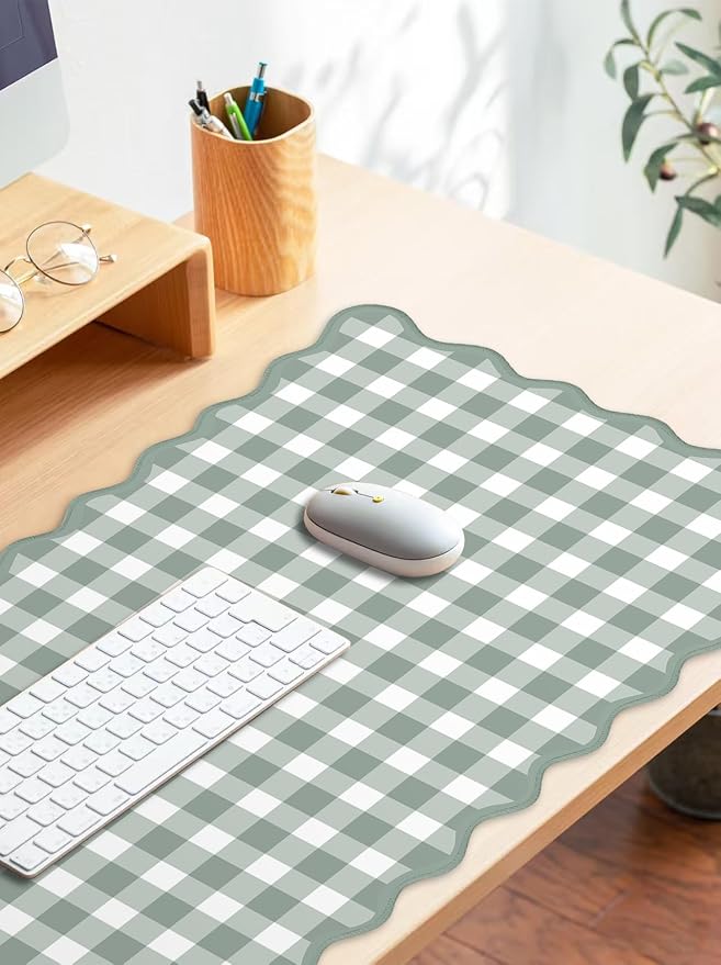 Scalloped‌ Sage Green Checkered Desk Mat Cute Pastel Large Gaming Mouse Pad - Image 3