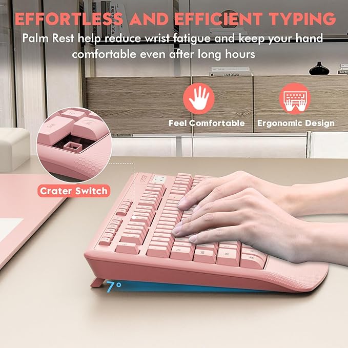 Wireless Keyboard and Mouse Combo, E-YOOSO 2.4GHz Full Sized Ergonomic Wireless Keyboard with Wrist Rest, 3 DPI Adjustable and 6 Buttons Cordless USB Mouse for Computer, Laptop, PC, Windows (Pink)-DeskLoop Office