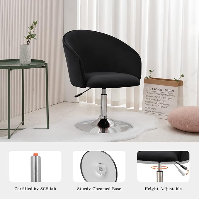Furnimart Black Velvet Adjustable Height Vanity Chair, Swivel Makeup Chair for Living Room, Bedroom, Dressing Room-DeskLoop Office