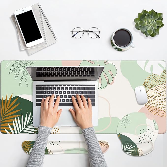 Britimes Green Boho Leaves Keyboard Mouse Pad Set 4in1 Large Mousepad+Keyboard - Image 7