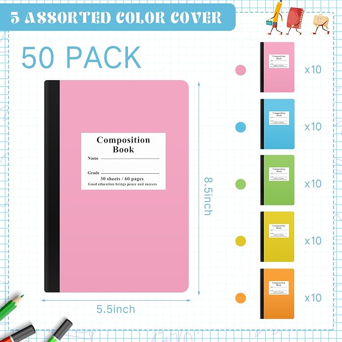 Composition Notebooks Bulk Wide Ruled Lined, 8.5 x 5.5 Inch, 30 Sheets/60 Pages - Image 2