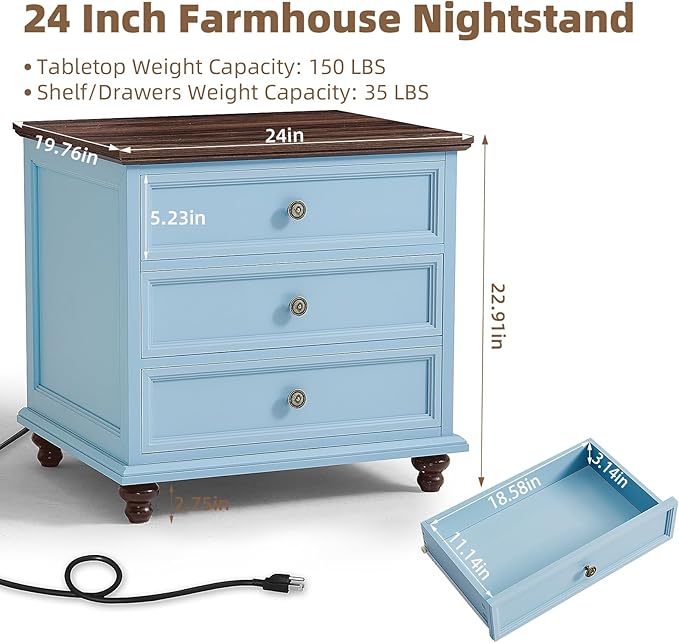 24" Wide Farmhouse Night Stand,Large End Table with 3 Drawers & Metal Handle,Light Blue Wood Dresser for Bedroom Cabinet, Bed Side Tabl·e Chest of Drawers,Nightstand for Living Room,Close-DeskLoop Office