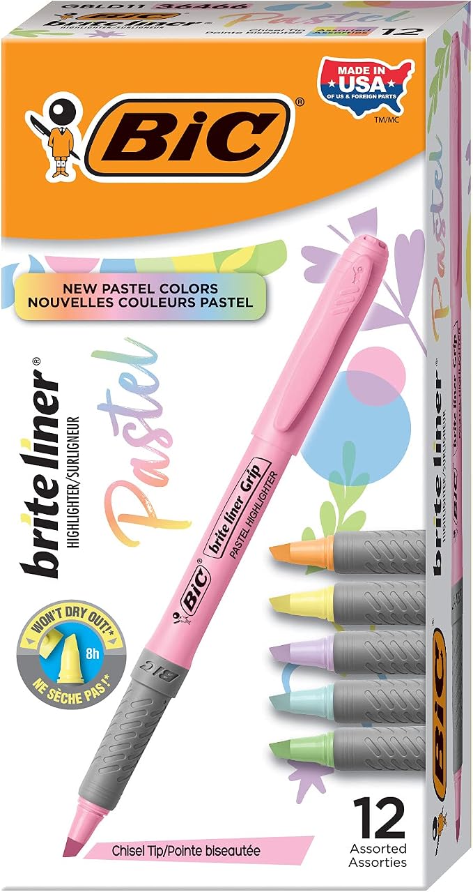 BIC Brite Liner Grip Pastel Highlighter Set, Chisel Tip, Pack of Pastel - Image 2