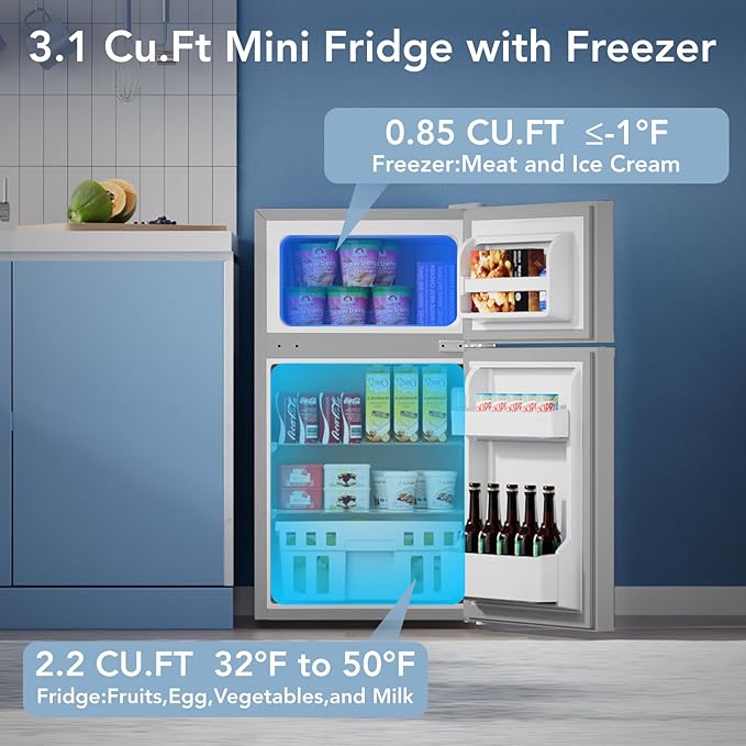 3.1 Cu.Ft Small Fridge with Freezer, Compact Refrigerator with 2 Doors, Mini Fridge with Adjustable Removable Glass Shelves for Bedroom, Dorm, Office or Apartment,Grey-DeskLoop Office
