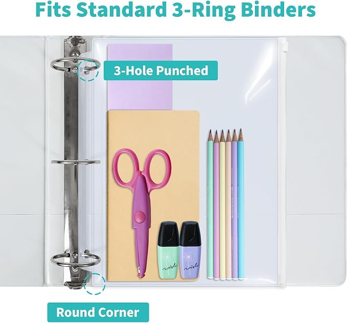 Binditek 40 Pack Plastic Zippered Binder Pockets, 3-Hole Punched - Image 7