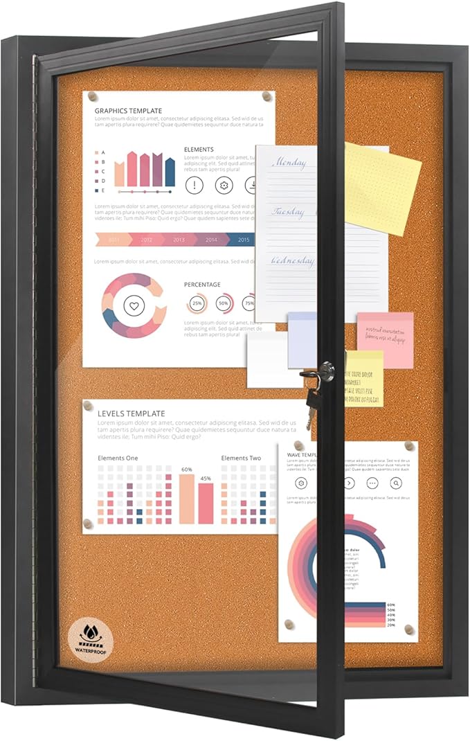 36x24 Inch Outdoor Enclosed Bulletin Board with Locking Door - Weatherproof & Tamperproof Cork Notice Board - Black Aluminum Frame-DeskLoop Office