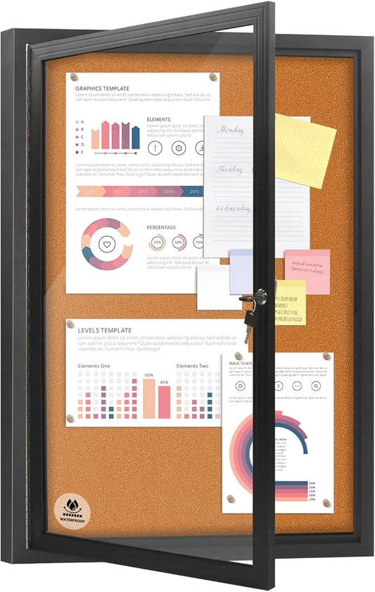 36x24 Inch Outdoor Enclosed Bulletin Board with Locking Door - Weatherproof & Tamperproof Cork Notice Board - Black Aluminum Frame-DeskLoop Office