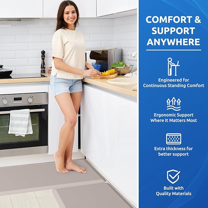 KitchenClouds 2PCS Kitchen Rugs Cushioned Anti-Fatigue Non-Slip Waterproof Kitchen Mat Comfort Foam Standing Mat for Floor Office Sink Laundry (Khaki)-DeskLoop Office