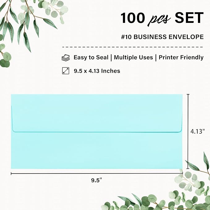 100 Pack #10 Business Envelopes, Self Seal Standard Light Blue Envelopes - Image 2