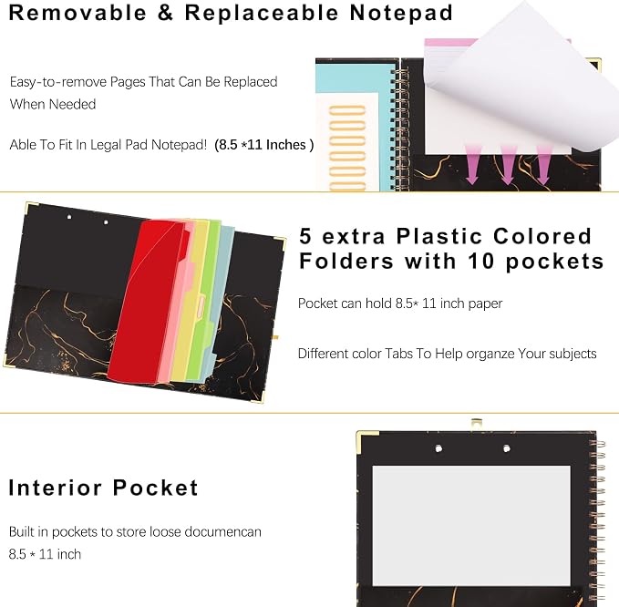 Clipboard Folio with Refillable Notepad, 5 Dividers with 10 Pockets Storage - Image 5
