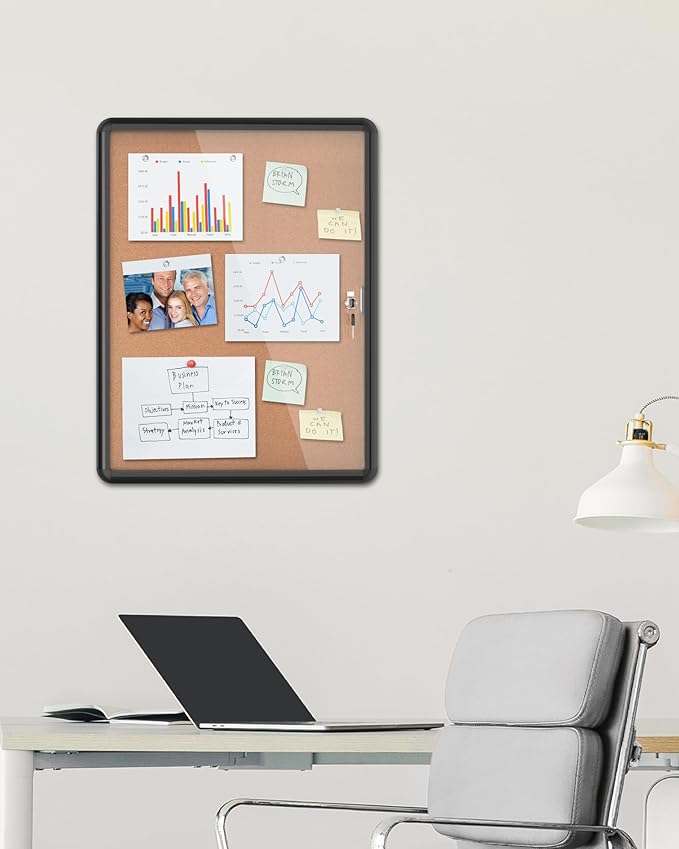26"x20" Enclosed Bulletin Board, Lockable Weather-Resistant Aluminum Cork Noticeboard for School & Office, Black Frame w/Cork-DeskLoop Office