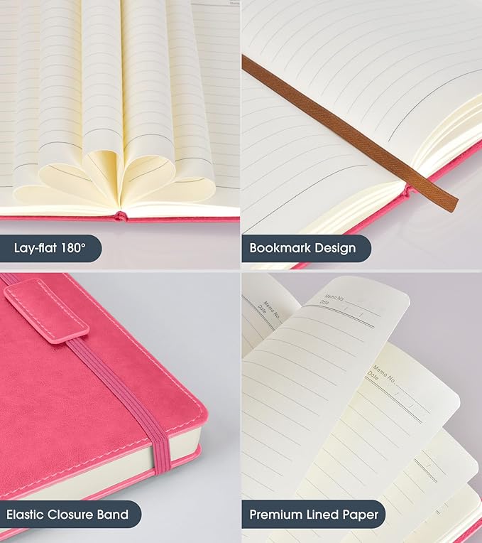 Lined Journal Notebook for Women Men,256 Pages A5 Hardcover Leather Journals for Writing,Travel,Business,Work & School,College Ruled Notebooks for Note Taking,Diary Notepad 5.7"×8.3"(pink)-DeskLoop Office