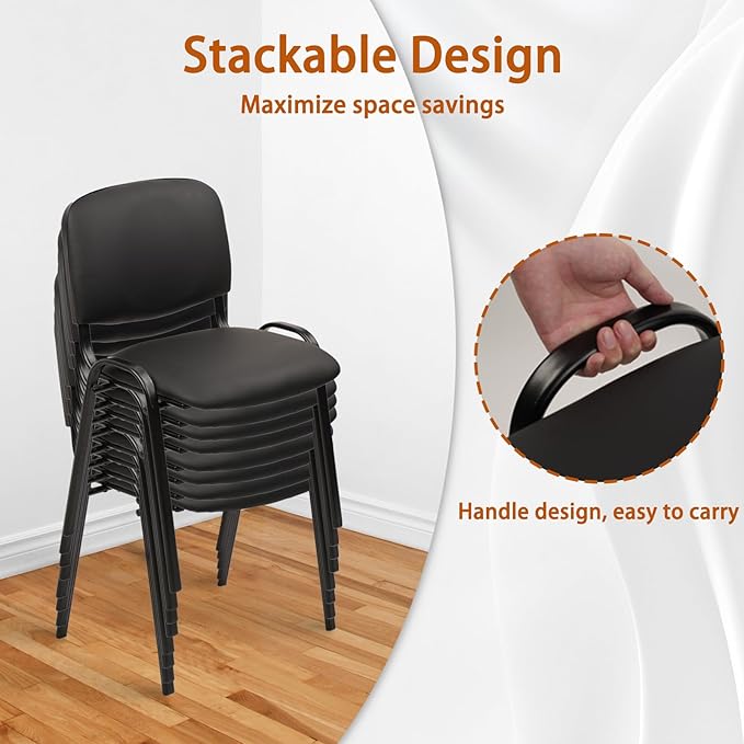CLATINA Stacking Waiting Room Chairs, PU Leather Armless Office Guest Chair with Metal Frames, Stackable Conference Room Chairs No Wheels for Reception Lobby Side Meeting Training School, Black-DeskLoop Office