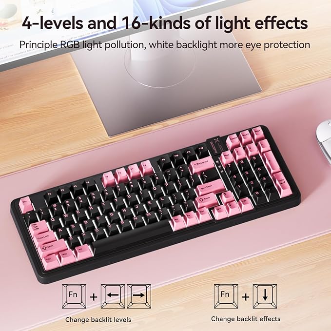 AUSDOM 98Pro Silent Wireless Mechanical Keyboard, Tri-Mode BT/2.4G/USB-C Hot Swappable Custom Quiet Keyboard with Backlit, Gasket Structure, PBT Keycaps, Pre-lubed Tactile Switches(Black Pink 97keys)-DeskLoop Office