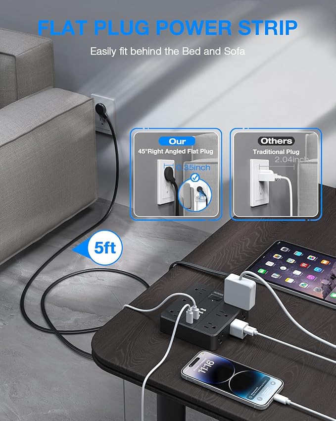 Flat Plug Power Strip Surge Protector, HUNIAN 5 Ft Extension Cord with 12 Widely Spaced Multiple Outlets 6 USB Charger (2 USB C Ports), Desk Charging Station for Home Office Supplies, Black-DeskLoop Office