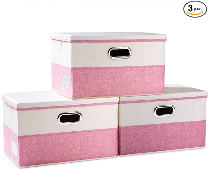 PRANDOM Large Collapsible Storage Bins with Lids [3-Pack] Fabric Foldable Storage Boxes Organizer Containers Baskets Cube with Cover for Home Bedroom Closet Office Pink&Cream(17.7x11.8x11.8)-DeskLoop Office