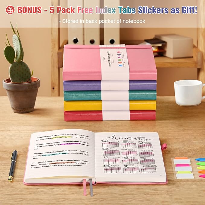 5 Pack Lined Notebook Journal for Women, 312 Numbered Pages Thick Notebooks Bulk, 100gsm No Bleed Paper Hardcover Leather Journal, College Ruled Notebook Set for Work Writing Travel, A5, Multicolor-DeskLoop Office