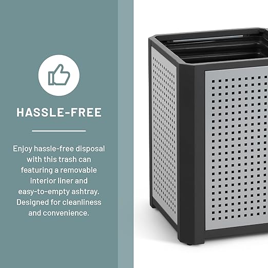 Safco Evos Steel Trash Can, 15 Gallons, Indoor and Outdoor Use, Heavy Duty Garbage Can with Plastic Liner and Ashtray