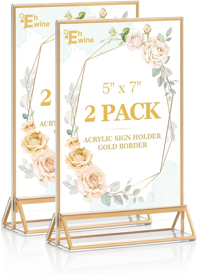 EHWINE 2 Pack Acrylic Sign Holder 5 x 7, Double Sided Gold Picture Frame Stand by EHWINE