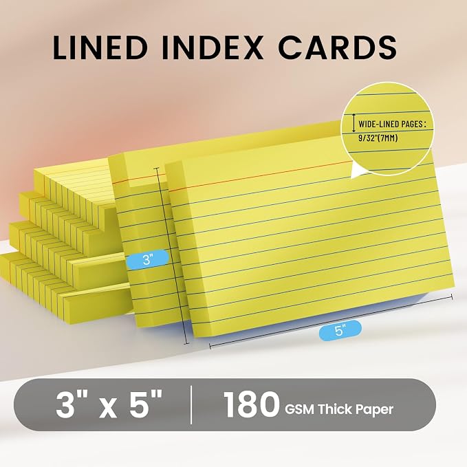 Index Cards 3x5 Inch, Flash Cards, Ruled Lined Yellow Note Cards Paper - Image 2
