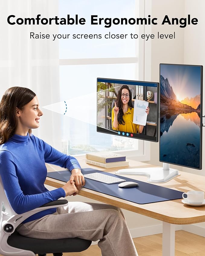 HUANUO 32 inches Dual Monitor Stand up to 17.6lbs, High-Grade Aluminum Free-Standing Dual Monitors Mount for 2 Screens. Fully Adjustable Dual Monitor Stand for Desk with Tilt, Swivel, Rotation, White-DeskLoop Office