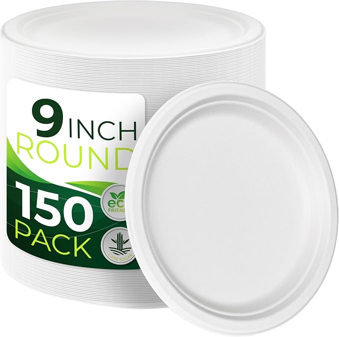 150pcs 100% Compostable 9in Paper Plates, Heavy Duty Disposable Eco Friendly by Birchio