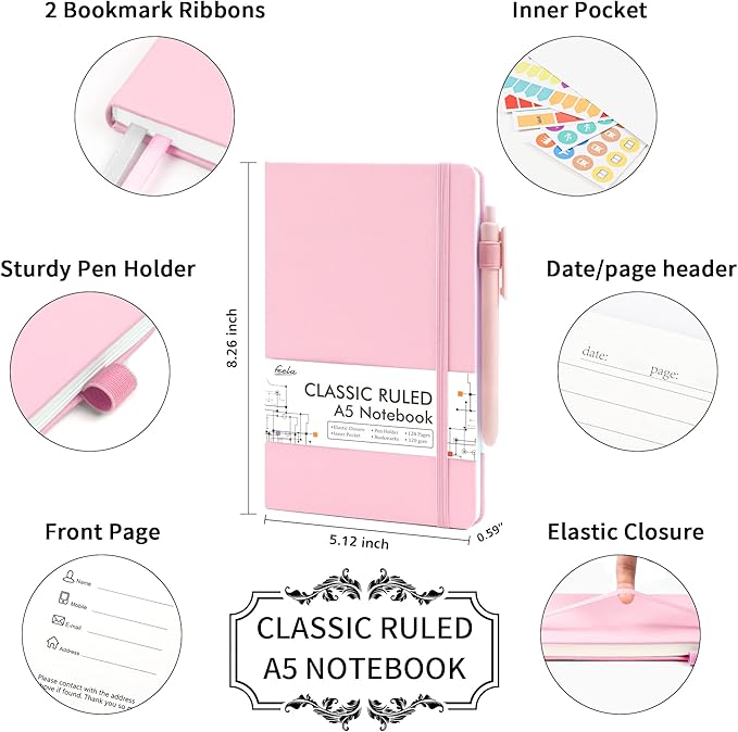 feela 12 Pack Notebooks Journals Bulk, Hardcover Notebook Classic Ruled Lined Journals with Pen Holder for Women Girls School Business Supplies, with 12 Black Pens, 120 GSM, 5.1”x8.3”, A5, Rose Pink-DeskLoop Office