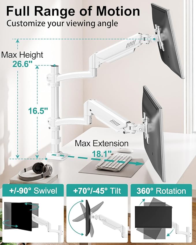 Dual Monitor Stand for Desk, Taller Monitor Arms for 2 Screens up to 32 inch, Ergonomic Adjustable Gas Spring Double Computer Monitor Mount, Holds 4.4-22lbs, VESA 75/100mm, White, Freelift-DeskLoop Office